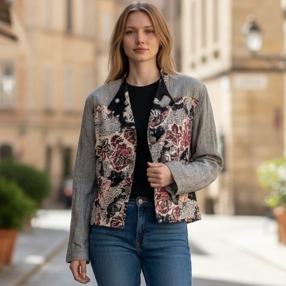 Carole Little Women Jacket 4 Black Floral Vtg Cropped Boho Whimsical Chic Unique